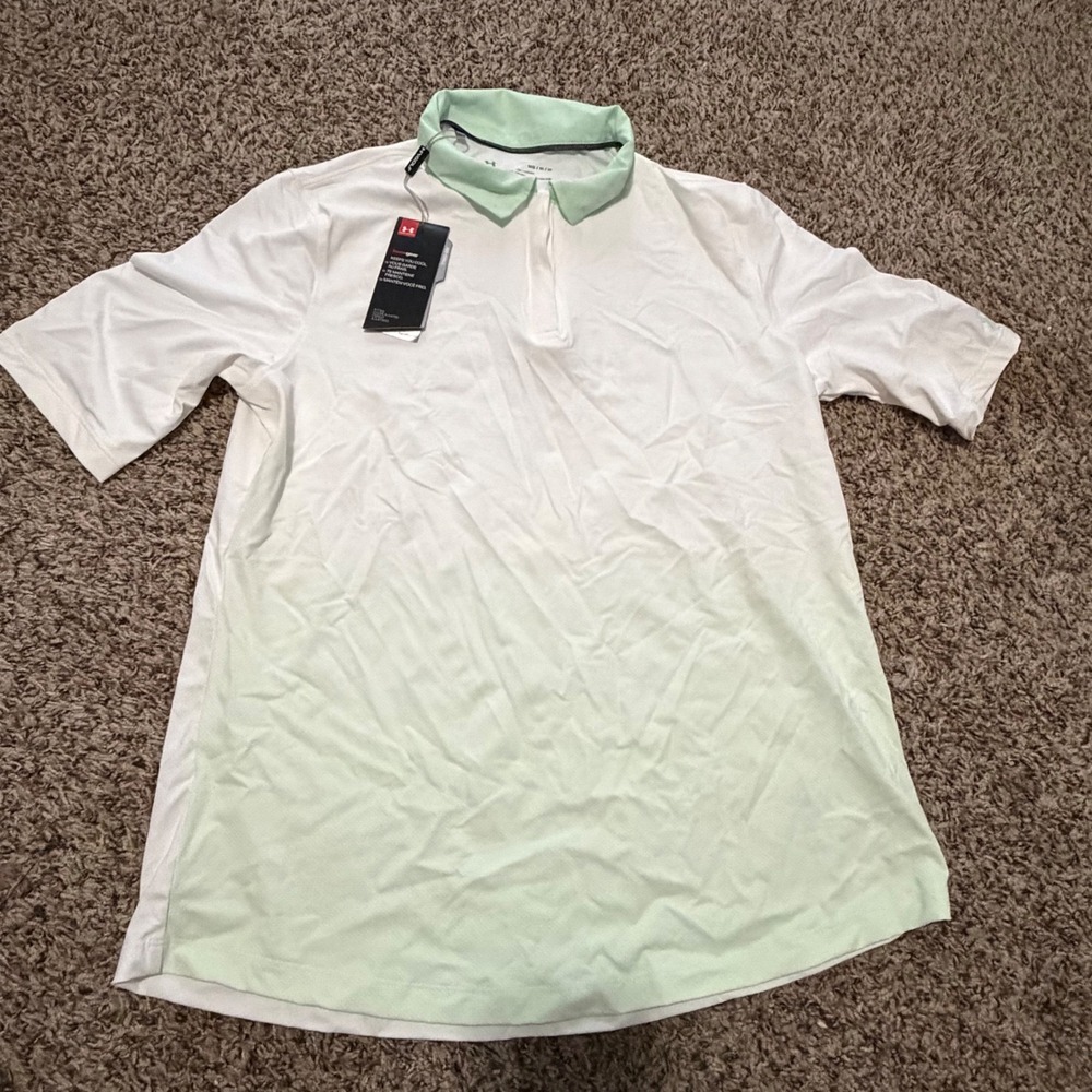 Under Armour HeatGear Women Medium White Mint Green Ombre Fitted Polo Shirt NWT